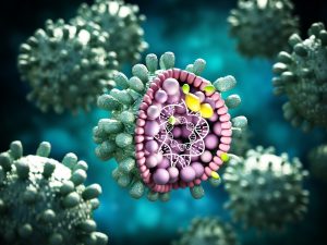 Structural detail of Hepatitis B virus on blue-green background. 3D illustration.